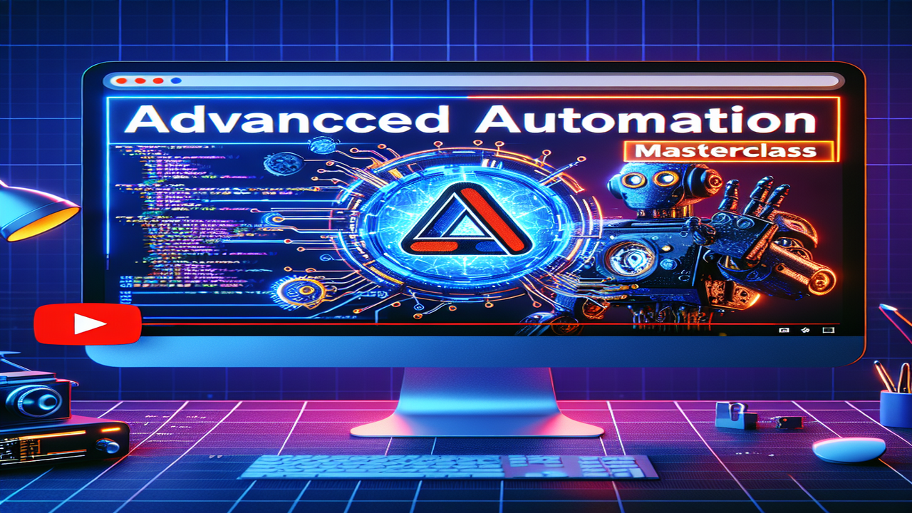 Generate a 1280x720 pixels vibrant YouTube thumbnail that reflects the theme of creating advanced automation in a fictional DIY online platform, Make.com. The thumbnail should include imagery related to tools, codes, blueprints, gears, and an abstract representation of automation process, all encapsulated within an inviting and creative frame. The text on the thumbnail should read 'Advanced Automation on Make.com' with compelling typography.